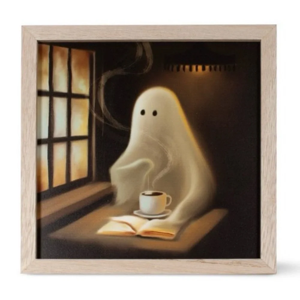 Target Bullseye Playground Halloween Ghost Drinking Coffee Reading Book Artwork